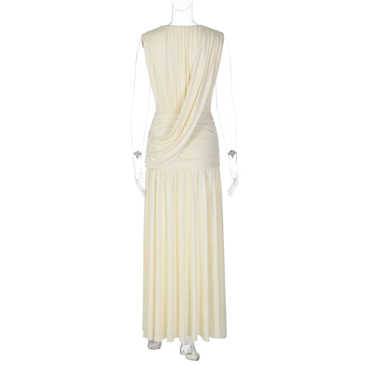 FDYOUI Womens Chic V-neck Sleeveless Pleated Long Maxi Holiday Dress Ladies Summer High Waist Tunics Solid Evening Party Dresses