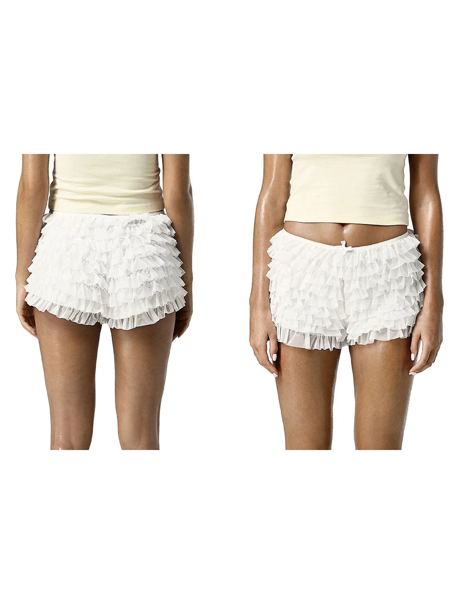 Womens Solid Color Lace Mesh Shorts Tiered Ruffled Bow Elastic Waistband Summer Leisure Lounge Short Pants