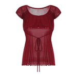 Women Summer Y2K Aesthetic Tops Lace Trim Cap Sleeve Low Cut Shirts Vintage Casual Sexy Tops and Blouses Female