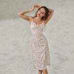 Women Summer Floral Print Party Club Midi Dress Sleeveless Spaghetti Strap Bustier Backless Thigh Slit Slim Dress