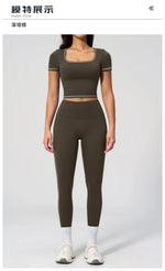 2PC Color Contrast Yoga Suit Women Short Sleeve Square Collar Slim Sports Top Fitness Suits Outdoor Exercise Leggings Tracksuit
