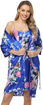 Women's Floral Satin Kimono Robe and Nightgown Set with Camisole 2 Piece Sleepwear Peacock Bathrobe