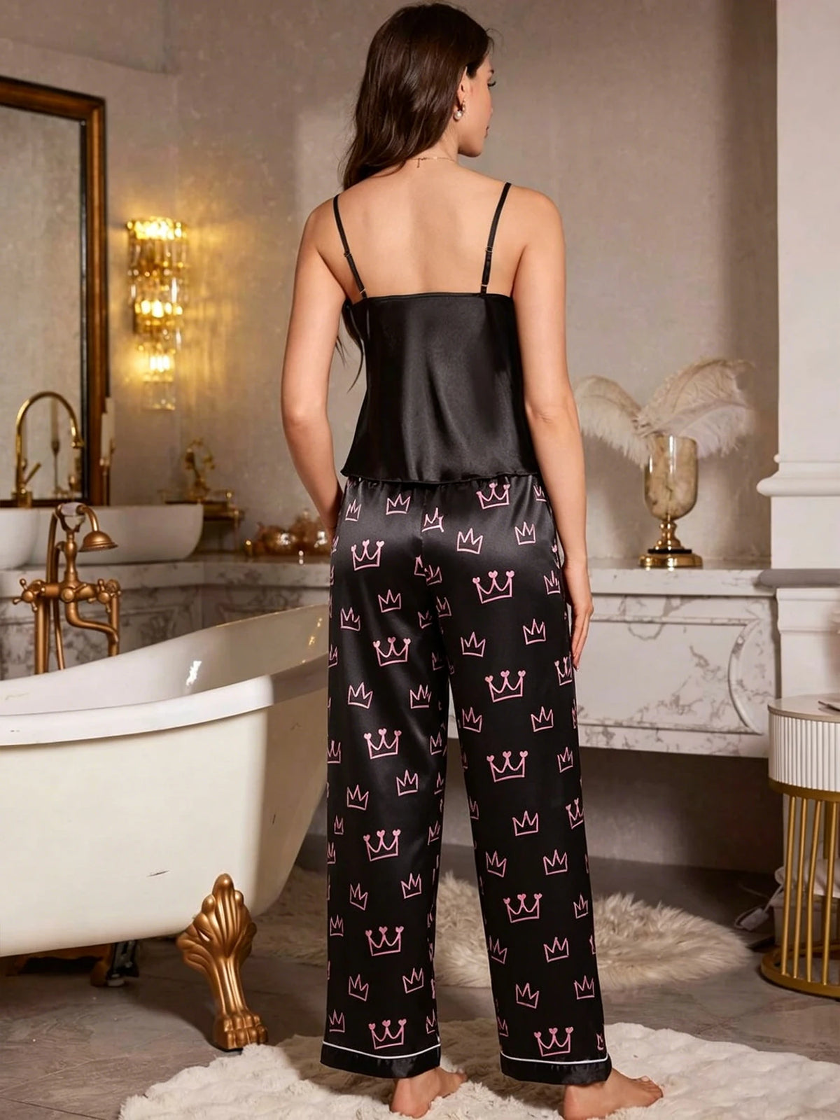 Womens Sexy Crown Print Pajamas Two-piece Set Summer Camisole Top Pants Pajama Set Casual Comfortable Homewear Casual Outfit Set