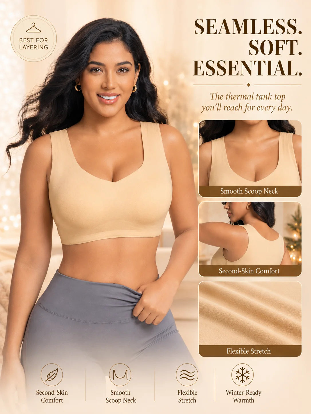 Women's 1 Pack Seamless Thermal Bra Tank Top Fleece-Lined Wireless Removable Pads Comfortable Daily Lingerie forFallWinterWarmth