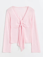 Women's Spring Summer Slimming Crop Tops Long Sleeve V Neck Tie Up Solid Color Trendy T-shirt