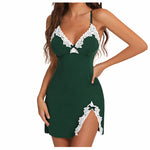 Sexy Sleepwear Women Lace Silk Satin V-Neck Nightgown Split Hem Soft Lingerie Night Dress Sleeveless Sleepwear Female Clothes