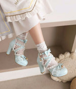 Girls Lace Strap Women 9cm High Heels Mary Jane Pumps Party Wedding Dress Princess Lolita Shoes Blue White Ankle Sandals 33-46