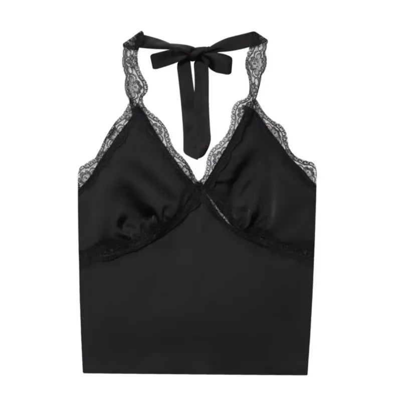 Women's Fashionable Casual Lace Halter V-Neck Double-Sided Satin Short Backless Solid Color Camisole For Woman Lace Trimmed 8BZO