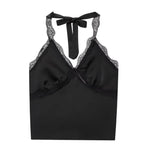 Women's Fashionable Casual Lace Halter V-Neck Double-Sided Satin Short Backless Solid Color Camisole For Woman Lace Trimmed 8BZO