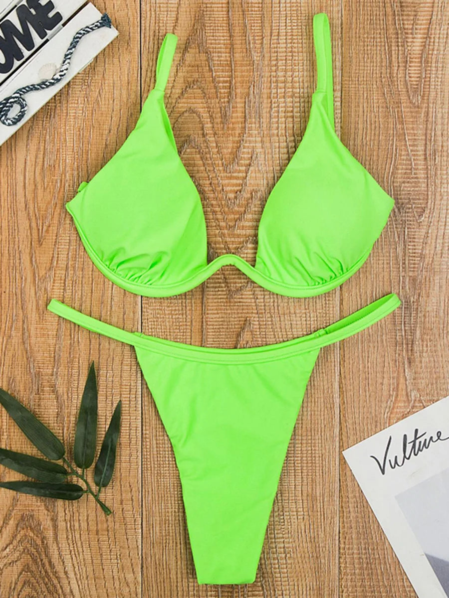 Sexy Push Up Underwired V-bar Bikini Women Swimsuit Female Swimwear Two-pieces Bikini set Micro Thong Bathing Suit Swim Lady