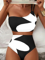 Sexy One Shoulder Swimwear Women 2026 Black White Patchwork Push Up Bra High Waist Swimsuit Beach Bathing Suit Holiday Bikini