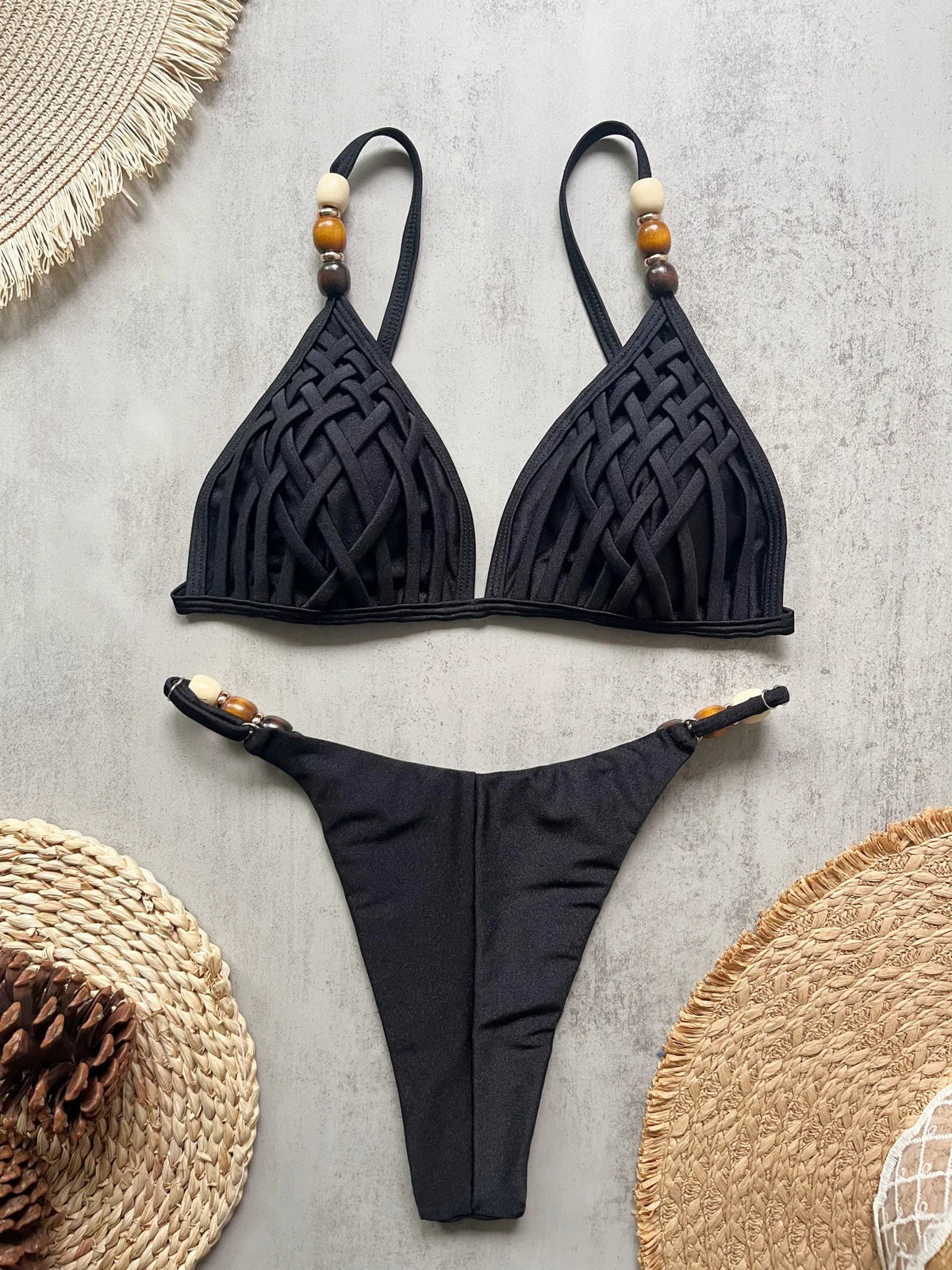 Sexy Pearls Strap Hole Out Micro Bikini Women Brown Knitted Push Up Bra Thong Swimsuit Summer Bathing Suit Holiday Swimwear 2026