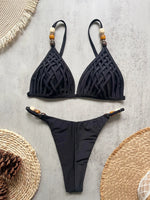 Sexy Pearls Strap Hole Out Micro Bikini Women Brown Knitted Push Up Bra Thong Swimsuit Summer Bathing Suit Holiday Swimwear 2026