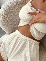 Women 2 Piece Pajama Set Lace Trim Camisole Shorts Textured Hollow Out Summer Sleepwear Lightweight Home Loungewear