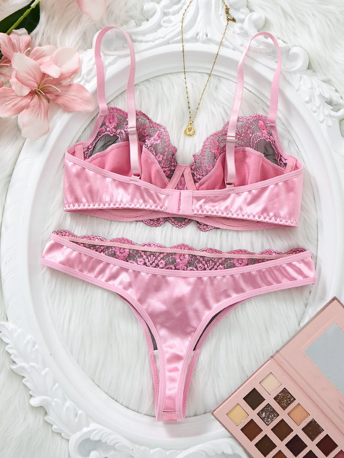 Women's Romantic Pink Lace Lingerie Set Padded Balconette Bra + Sheer Thong Satin Trim Date Night/Valentine's Underwear ZA824289