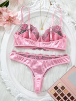 Pink satin lace lingerie set - gathered half-cup bra thong panties - date-oriented sensual women's lingerie ZA825289