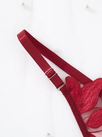 wine-red floral embroidery lingerie. French-style luxury sheer net satin bra for dates, newlyweds, and sexy duvet set. ZA824031