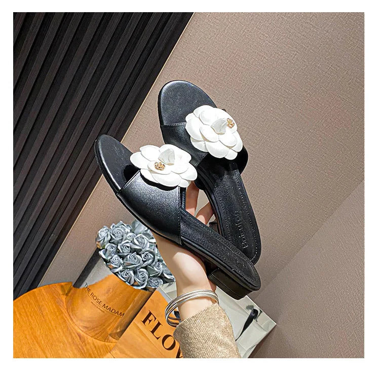 High End Luxury Flower Slippers Women Camellia Shoes Open Toe Slides Femme Outside&Home Pantuflas Sandals Ladies Flip Flops