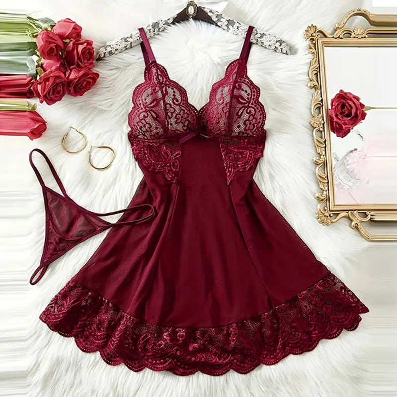 Summer Sleep Shirts Sexy Lingerie Women Mesh Nightgown Exquisite Ultra-thin Lace Embroidery Pajamas Hot Sleepwear With Thongs