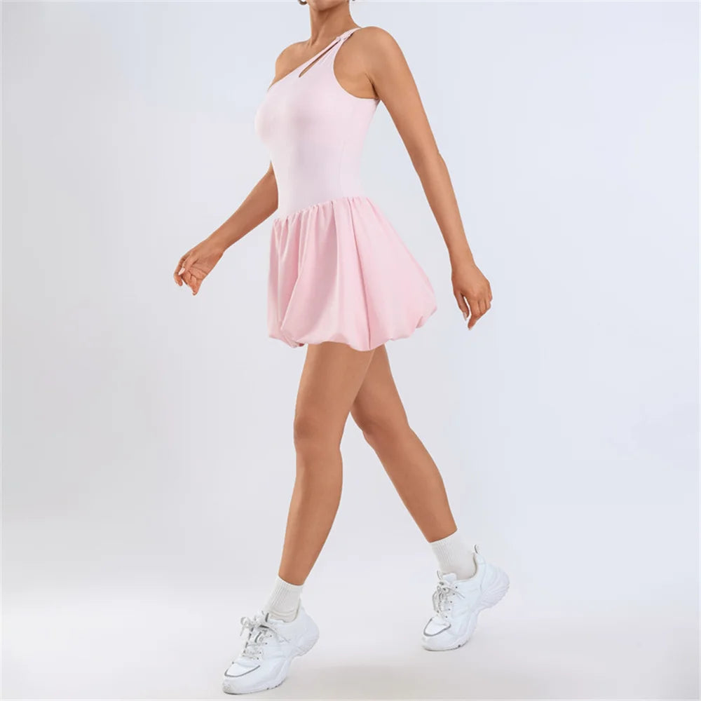 Pad Womens One Shoulder Strap Yoga Set Tennis Dress Built-in Bra Anti Shorts Athletic Golf Workout Dress SkortsXP168