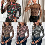 European and American style sexy leopard print mesh earrings tights T-shirt tops women's inner tops