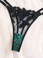 3/4 cup gathered netted lace lingerie set - green leopard print black floral embroidered bra and panties set ZA825183