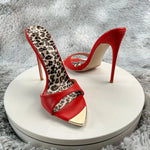 Red matte Leopard Base Slippers Pointed Toe Thin High Heels Women's Shoes Summer Casual Sexy Slip On Party One Word Belt Slipper