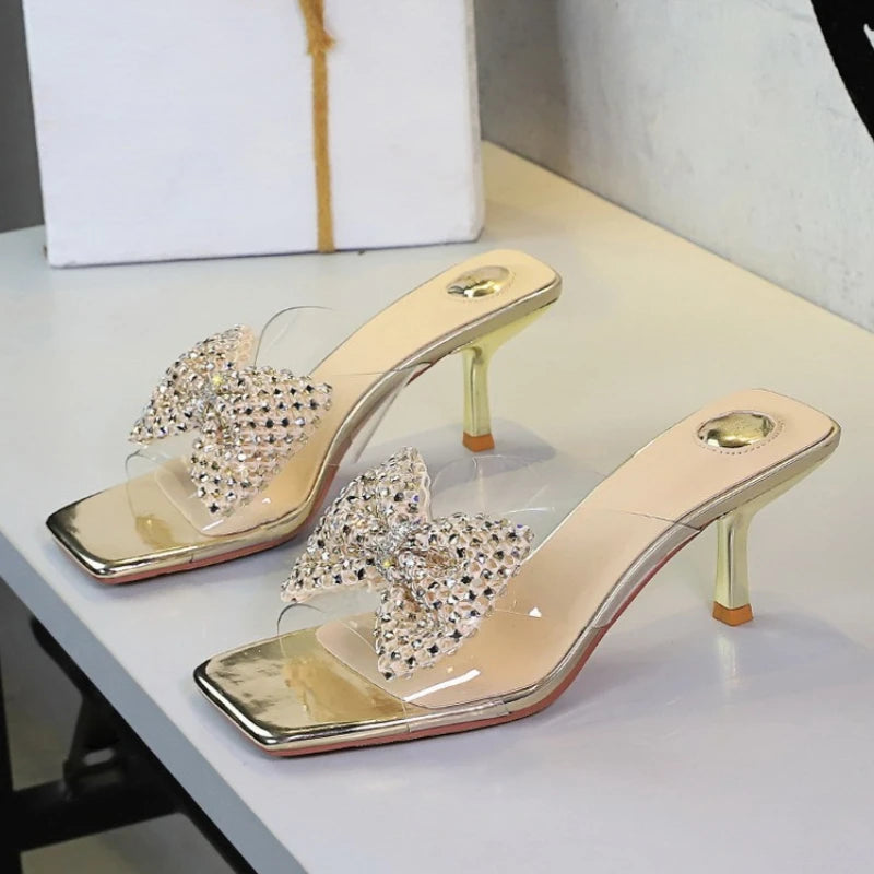 BIGTREE New Crystal Slippers Shoes Women Fine High Heels Transparent Sandals Female Slippers Sexy Outside Beaded Beach Shoes