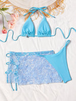 Sexy Shiny Sequin Blue White Bikini Set Women 3D Mesh Flower Cover Up 3 Piece Thong Swimsuit Beach Holiday Bathing Suit Swimwear