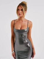 Faux Leather Slim Spaghetti Strap Dress For Women Strap Long Dresses Package Hip Bodycon Sexy Low Cut Party Evening Vestidos