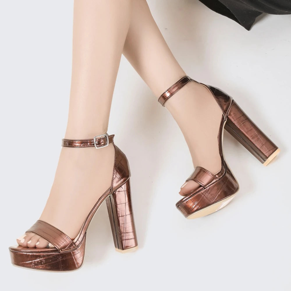 Gold Size35-42 Sandals Women's Thick Heel Square Head Buckle Waterproof Table Open Toe Hollow Word with High Heel Sandals