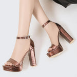 Gold Size35-42 Sandals Women's Thick Heel Square Head Buckle Waterproof Table Open Toe Hollow Word with High Heel Sandals