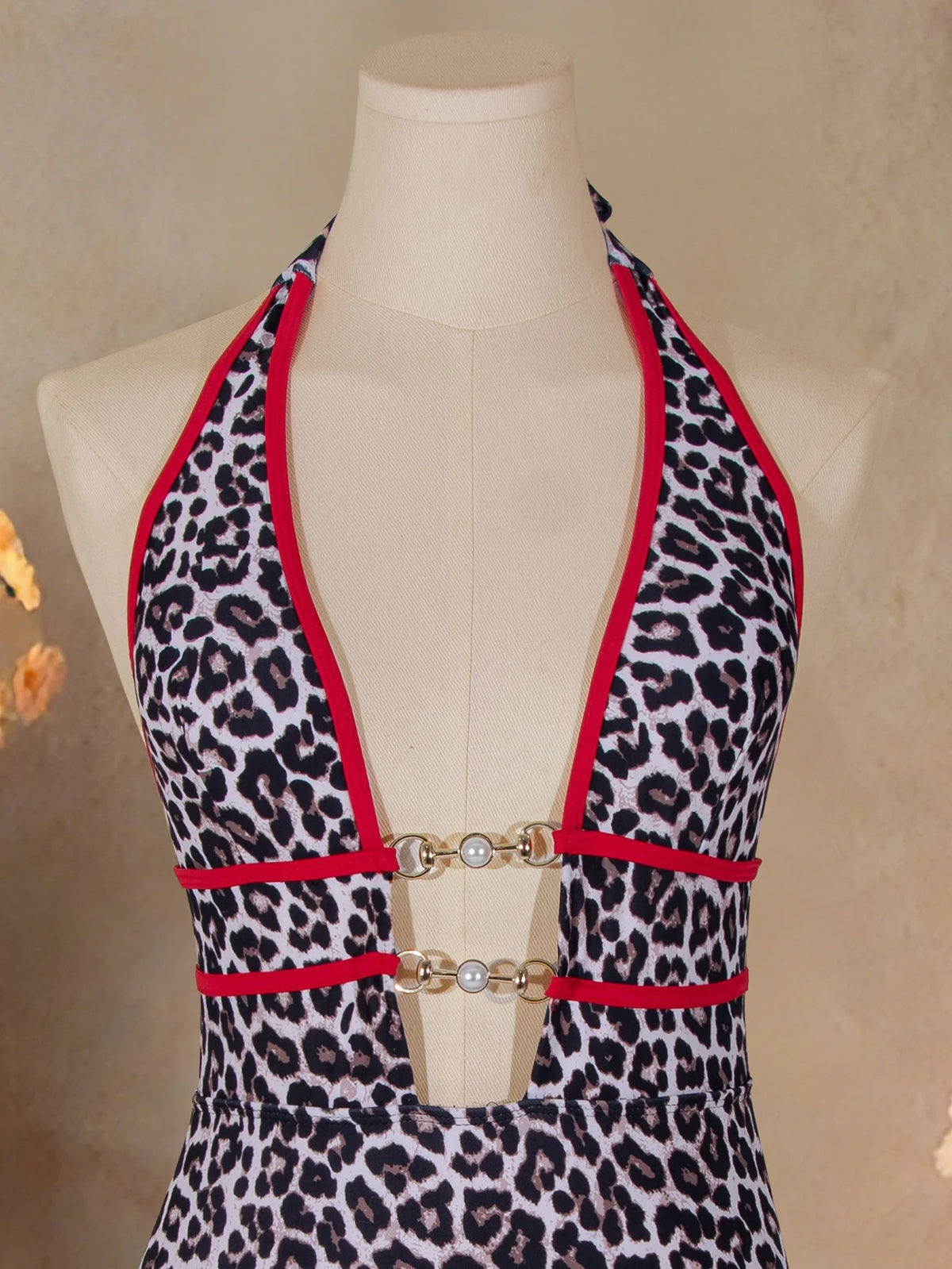Sexy Red Leopard Print Contrast One Piece Swimsuit 2026 Women Pearls Hollow Out Deep V Neck Backless Slim Bathing Suit Swimwear