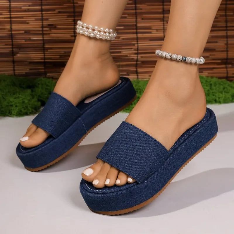 Blue Denim Thick Slippers 2026 Summer Platform Slider Women Sandals Casual Comfortable Women's Shoes