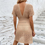 S - XL Short Sleeve V Neck Crochet Knitted Tunic Beach Cover Up Cover-ups Beach Dress Beach Wear Beachwear Female Women V5314