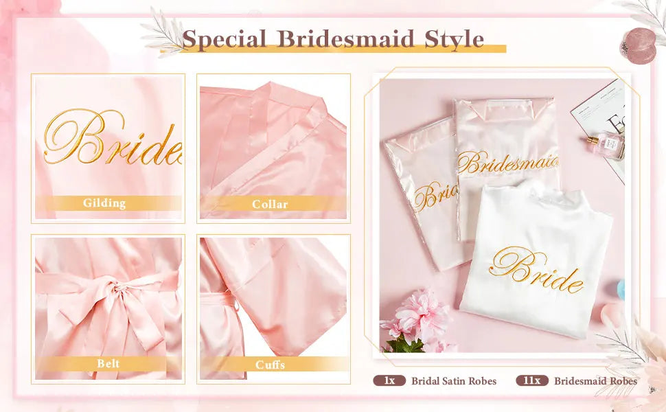 10 Pcs Women Bride Kimono Robe Embroidered Getting Ready Satin Bridesmaid Robes for Wedding Party Bridal Shower