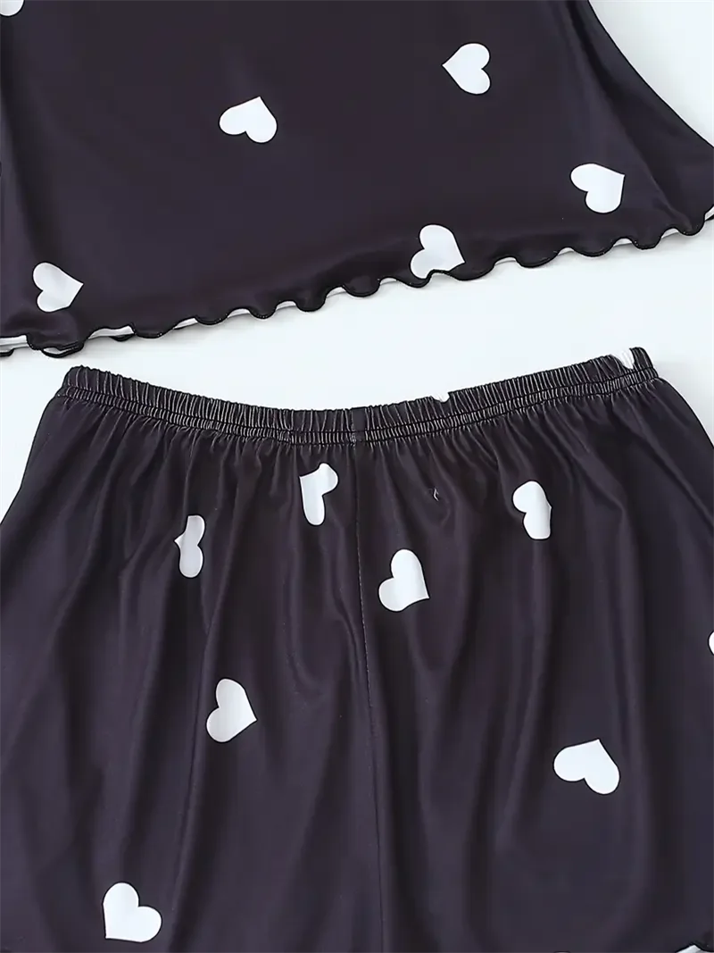 Summer Sleepwear Women's Two-Piece Pajama Sets Suspender Heart Printed Top and Shorts Casual Home Clothes Loungewear