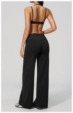 Fake Two-piece Sports Bra Yoga Sets Women Coffee Striped Patchwork Folding High Waist Wide Leg Pants Gym Running Fitness Suits