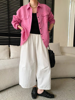 Women White Linen Blend Button Down Shirt Turn Down Collar Chest Pocket Loose Fit Blouse For Summer And Vacation Outfit KY7U