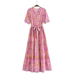 Foridol Single Breasted Bohemian Holiday Summer Women Dress Belt Casual Loose Maxi Floral Dress Short Sleeve Long Viscose Dress