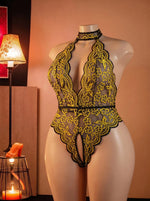 S-4XL Sexy Crotchless Halter Lingerie Women Lace Hollow Transparent Curvy Erotic Bodysuit Deep V Open Bra Underwear Set Babydoll