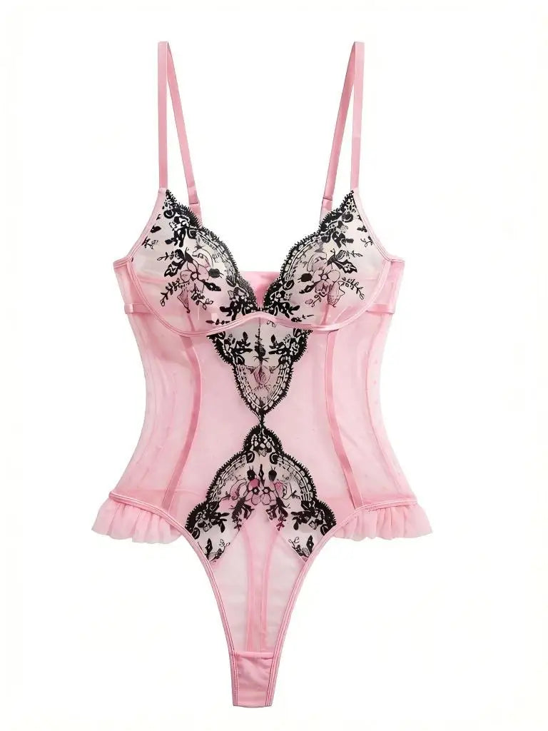 Pink Lace Embroidery Jumpsuit with Black Floral Lace Paneling High-Waist Triangle Pant Design Romantic French Sexy Underwear