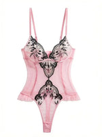 Pink Lace Embroidery Jumpsuit with Black Floral Lace Paneling High-Waist Triangle Pant Design Romantic French Sexy Underwear