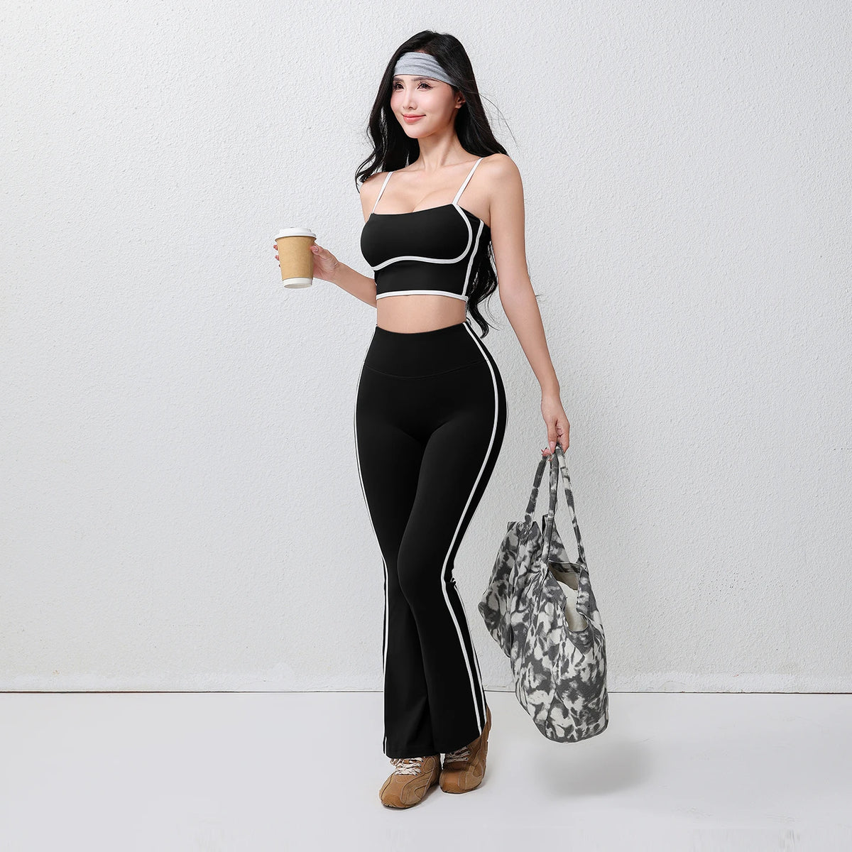 High Waist Striped Flared Yoga Trousers Tummy Control Hip Lifting Barefoot Running Elastic Waist Wrinkle-Resistant