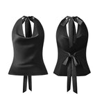 Women Halter Cowl Neck Tank Tops Slim Solid Color Satin Sleeveless Backless Vest for Going Out Party Club