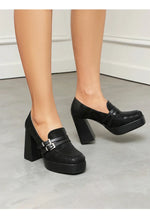 Square Toe Platform Double-Layer Buckle Shallow Sleeve Office Pumps Ultra-High Thick Heel Breathable High Heels