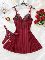 Red wine rose embroidered lace nightgown set - Retro style deep V mesh sheer camisole thong set ZA825133