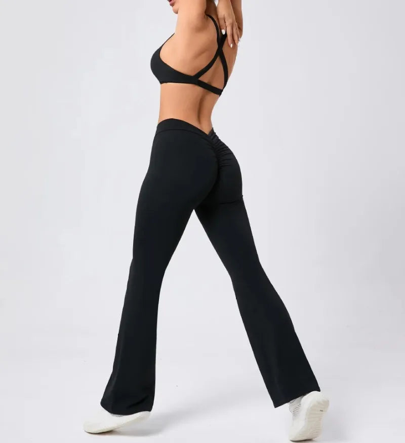 Women's Seamless Yoga Sets Brushed Fabric Flared Hip-Lifting Pants Cross Beauty Back Bra Suits Gym Workout Fitness Training Sets