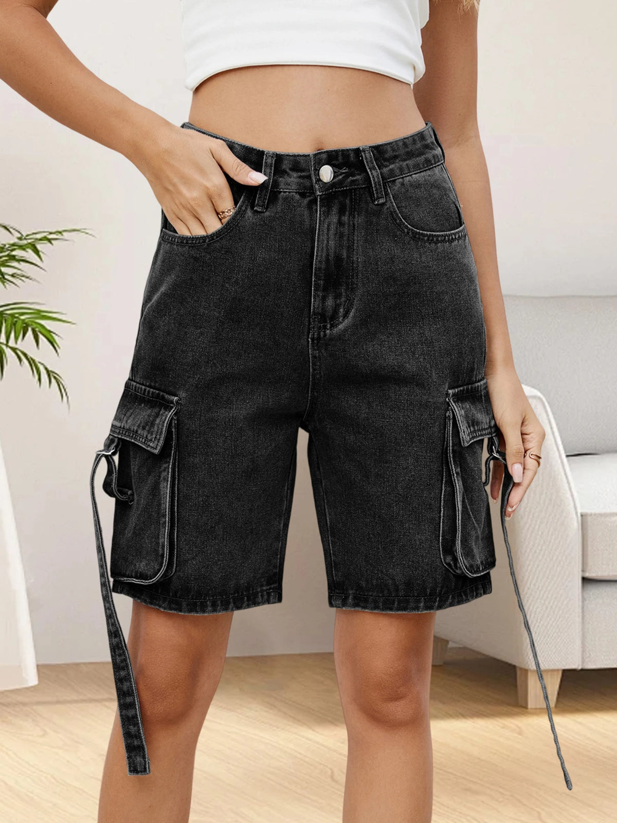 Women Cargo Denim Shorts Casual Summer Loose Solid Colors Jean Short Pants for Vacation Beach Club Streetwear