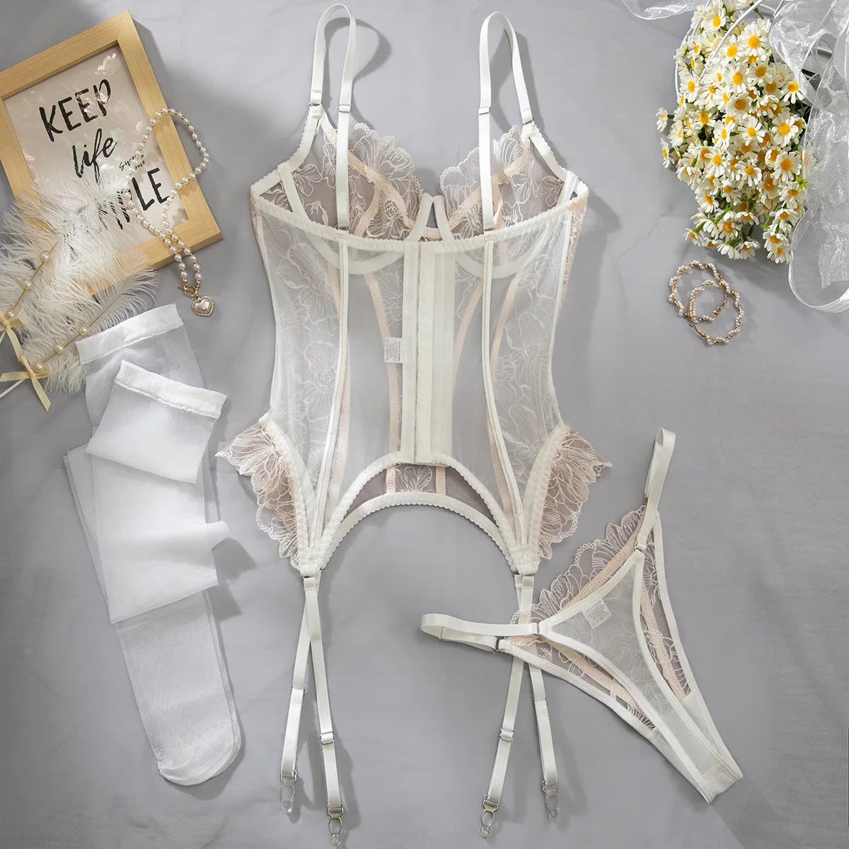 Embroidered flower underwear, sexy three-point mesh fishbone body shaping sexy suit with stockings